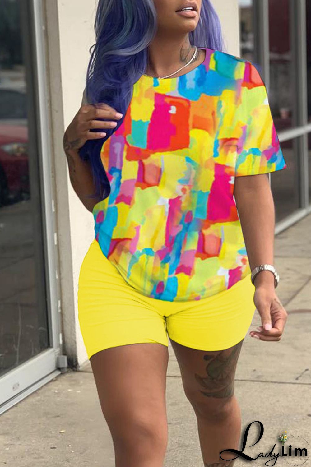 Black Casual Print Patchwork O Neck Short Sleeve Two Pieces