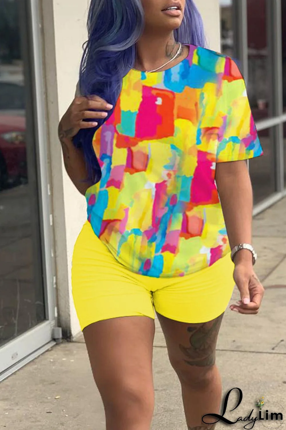 Black Casual Print Patchwork O Neck Short Sleeve Two Pieces