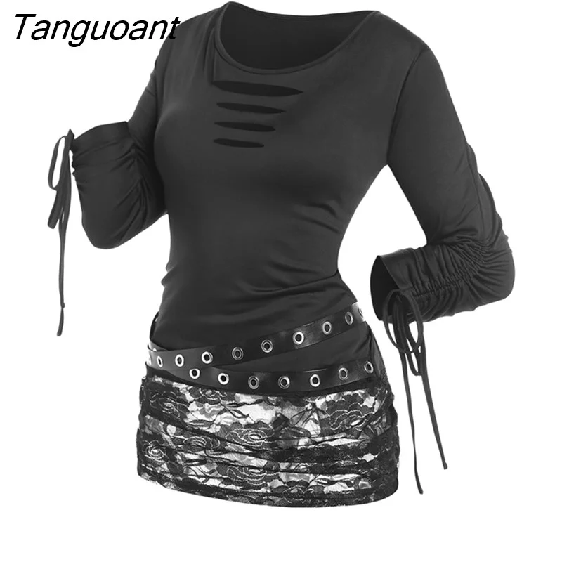 Tanguoant Gothic Tops Blouson Black Ripped Cinched Sleeves Grommets Lace Panel Tees O-Neck Stretchy Clothes T-shirts For Women 4XL