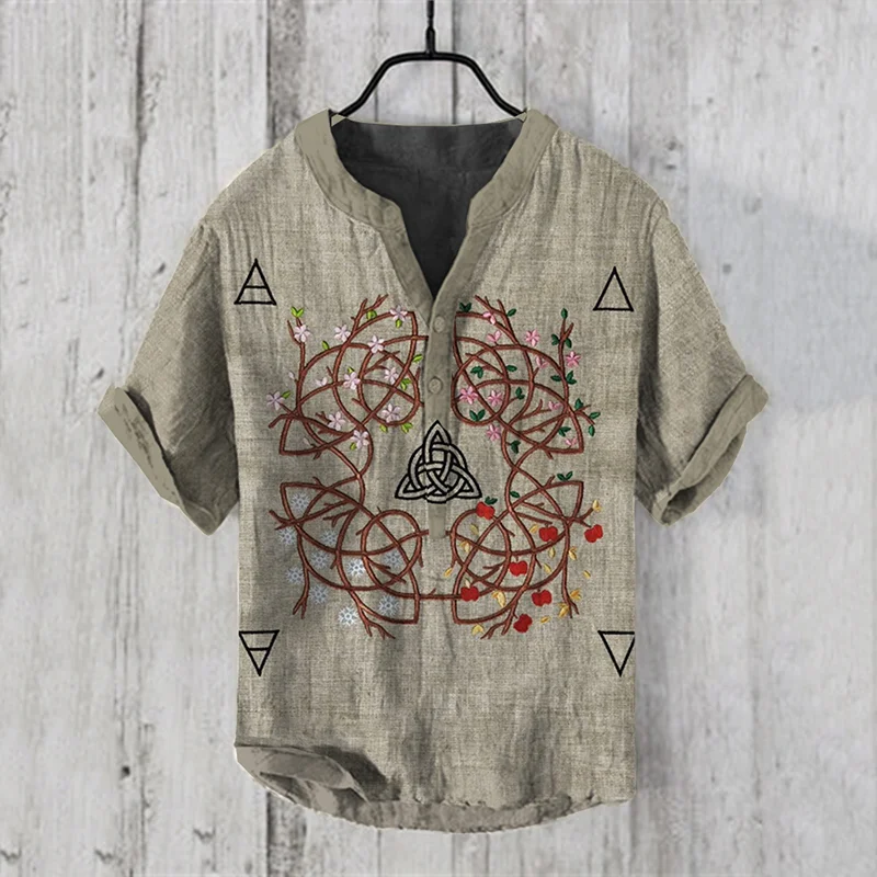 Viking Four Seasons Ethnic Graphic Embroidery Art Linen Blend Shirt