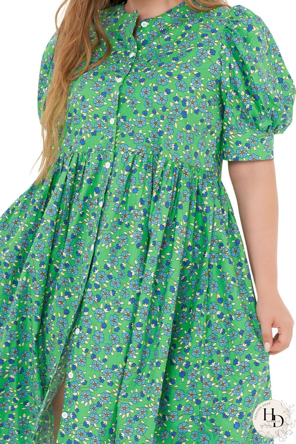 Floral Print Puff-sleeved Button Front Midi Dress P11899