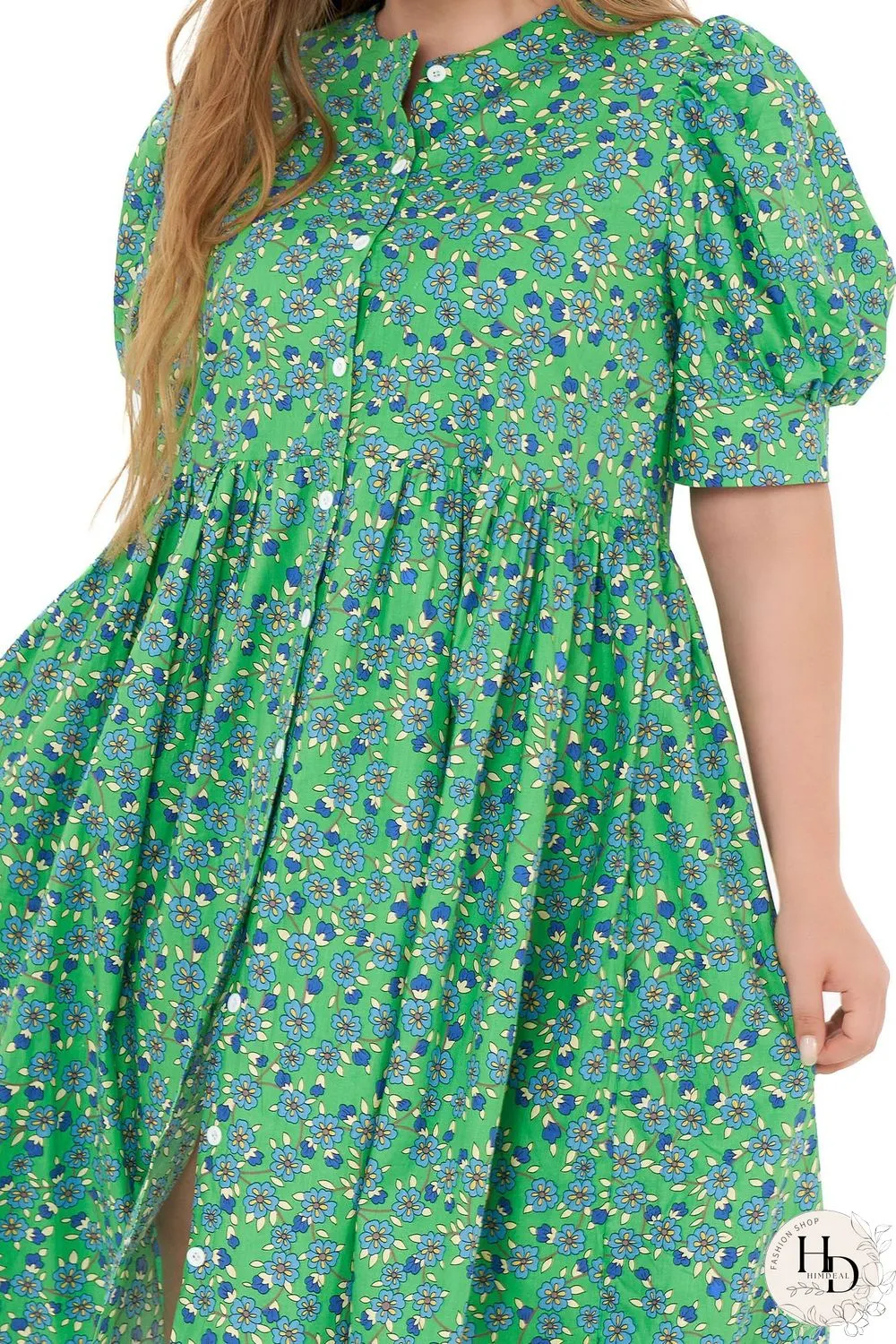 Floral Print Puff-sleeved Button Front Midi Dress P11899