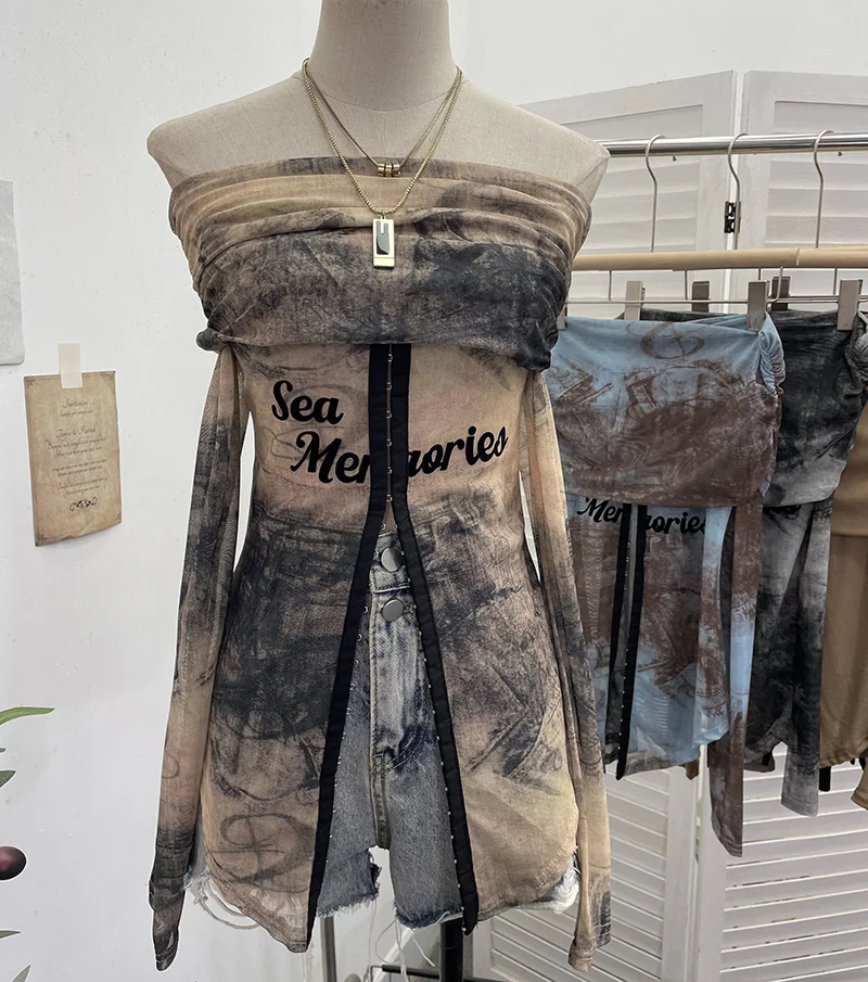 Nigikala Nigikala Picts Single-Layer Mesh Yarn Micro-Sleeved T-Shirt Word Shoulder-Pollid Letter Open Fork Top 1180