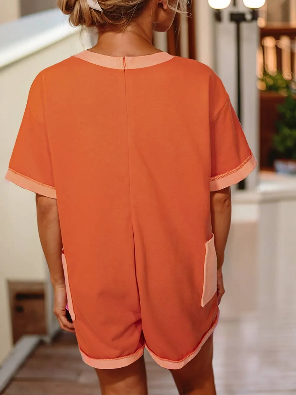Two-tone Short Sleeve V Neck Patched Pocket Loose Romper
