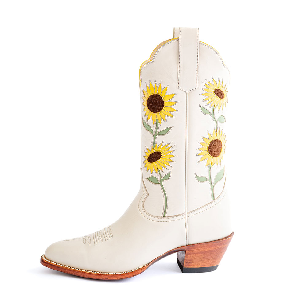 Ivory Sunflower Inlay Chunky Heel Mid-Calf Western Boots for Women