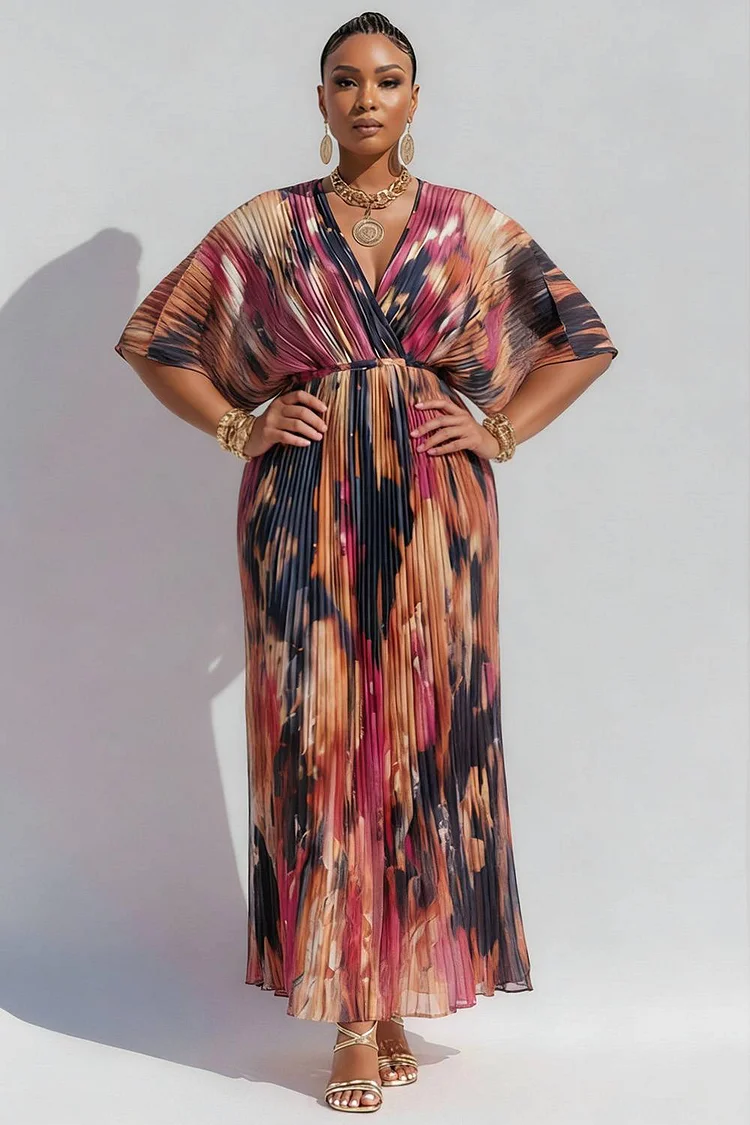 Xpluswear Design Plus Size Wedding Guest Multicolor All Over Print Wrap Neck Half Sleeve Pleated Chiffon Maxi Dresses [Pre-Order] 2024 - Xpluswear