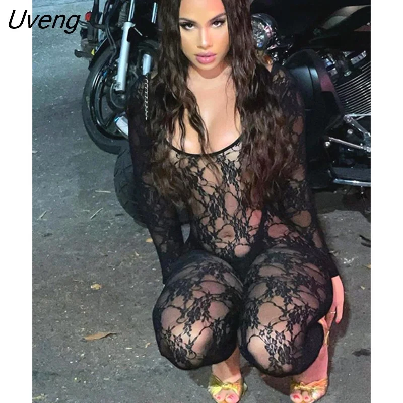 Uveng Sexy Mesh Thin Jumpsuits Women Long Sleeve Low Neck See Through Backless Body-Shaping Midnight Clubwear Overalls2022
