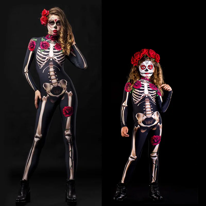 Colourp Colourp Spot Halloween Women's Clothing Personality Cosplay Parent-Child Rose Skeleton Print Jumpsuit