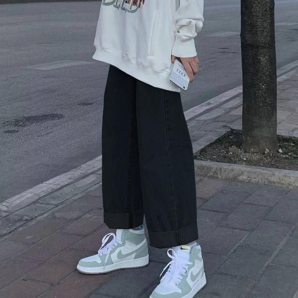 Women Jeans Vintage Wide Leg Female Trousers Casual Loose All-match Chic Classic Solid Trendy Soft Roll Up Hem Korean Style New