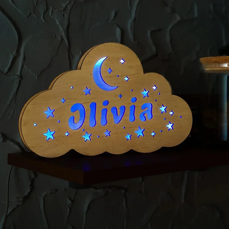  Custom Name Wooden Cloud Shape Night Light with Moon And Stars 