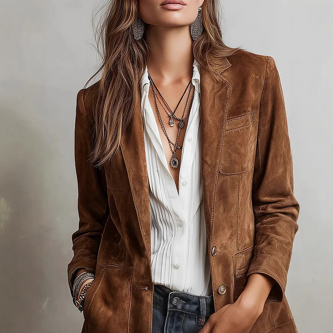 Women's Suede Blazer Jacket Vintage Casual Button Down Coat with Pockets