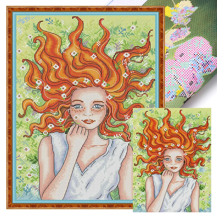 Joy Sunday -Red-haired girl- 14CT - 2 Strands Threads Printed Cross Stitch - 28*38cm(Canvas)