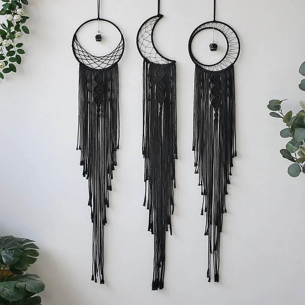 Black Sun Moon Dream Catcher Nordic Macrame Dreamcatcher With Crystal Wall Room Home Decor Yard Garden Bedroom Decoration
