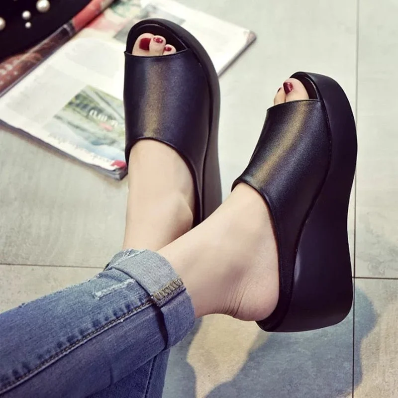 Women Sandals 7.5cm Platform Wedges Women's Shoes Thick Heel Open Peep Toe Sandals Leather Summer Style Slide Black Shoes Size 9