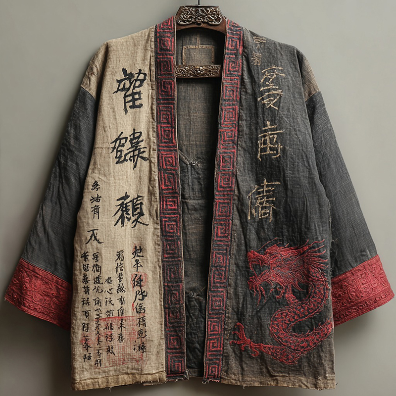 Men's Retro Japanese Calligraphy And Dragon Art Pattern Linen Blend Shorts Kimono elevenforest