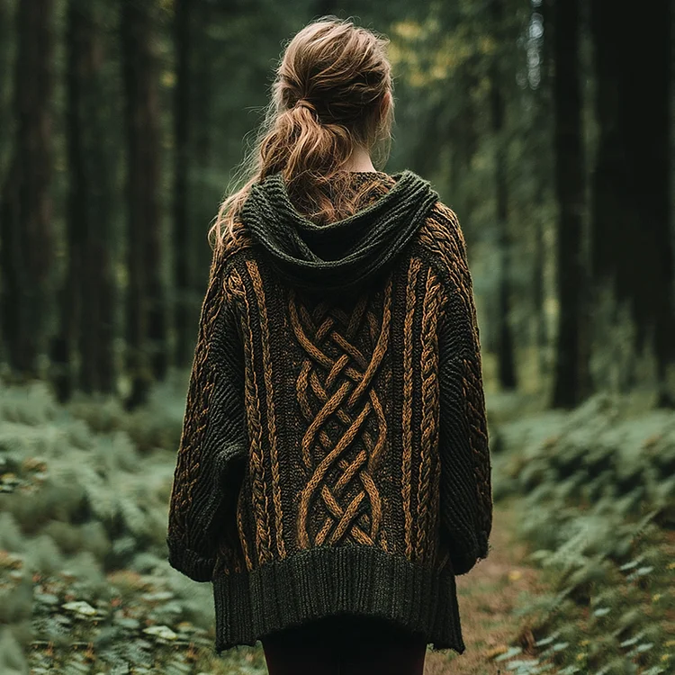 Women's Vintage Irish Celtic Knot Jacquard Mottled Cozy Knit Hooded Cardigan