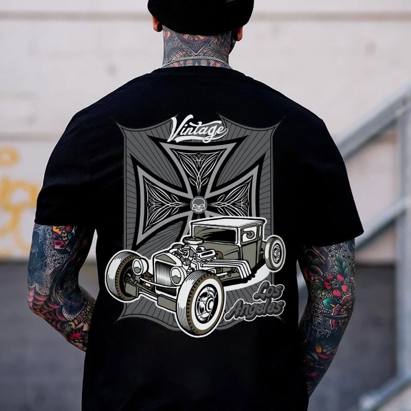VINTAGE Crucifix & Classic Car Print Men's T-shirt