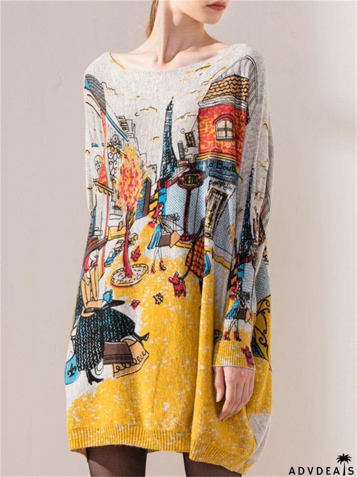 Autumn Winter  Large Size Knitting Pullover Printed Graffiti Women's Dresses