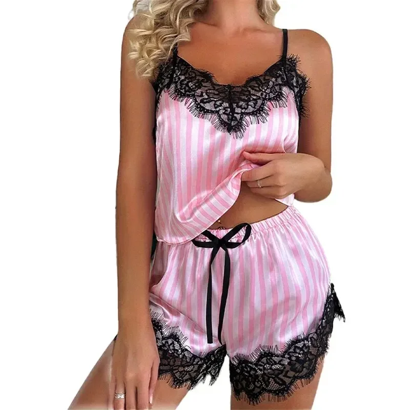 Xinyulin Two Piece Womens V-Neck Sexy Lace Lingerie Suspender Pajama Shorts Set Casual Woman Sleeveless Sexy Pajama Set Female Nightdress