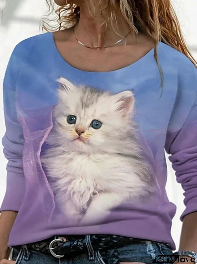 T shirt Tee Hoodie Sweatshirt Red Blue Purple Animal Cat Print Long Sleeve Daily Sports Streetwear Hoodie Crewneck Regular L for Women