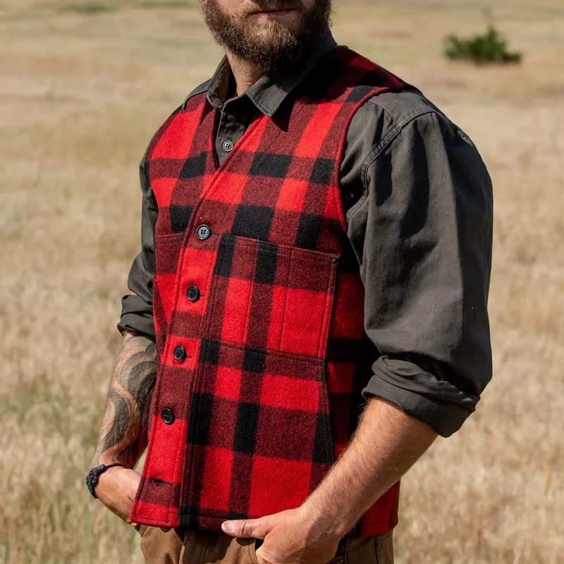 Men's Red Plaid Wool Thermal Vest-Christmas Collection