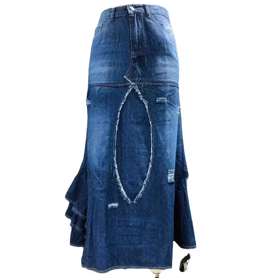 Vintage Plain Denim Spliced High Low Ruffle Maxi Skirt