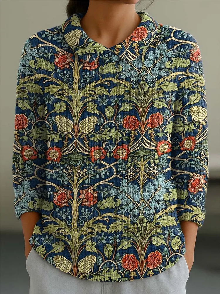 Women's Vintage Floral Art Print Casual Peter Pan Collar 3/4 Sleeve Sweater