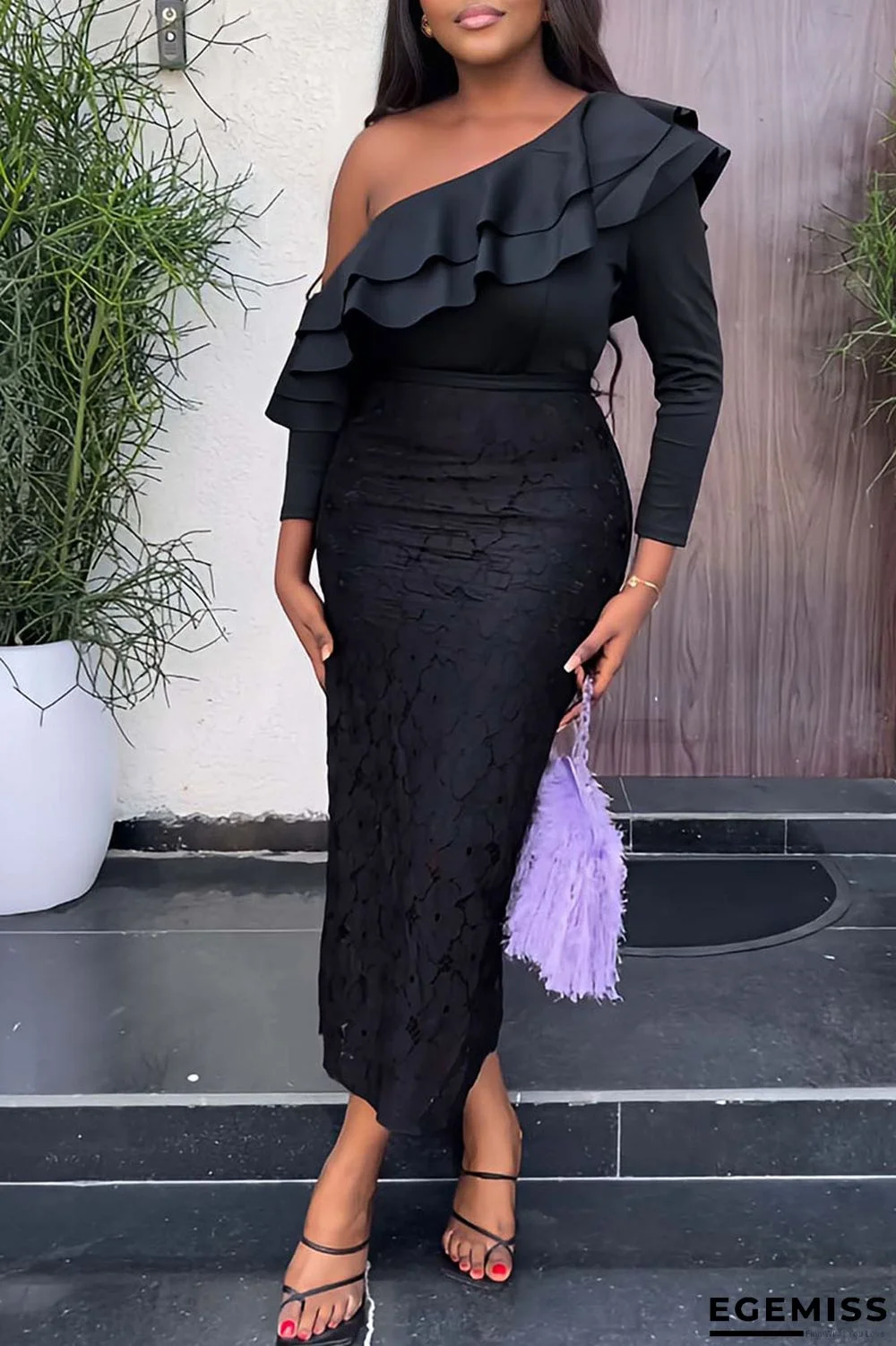 Black Sexy Solid Patchwork Flounce Oblique Collar Evening Dress Dresses | EGEMISS