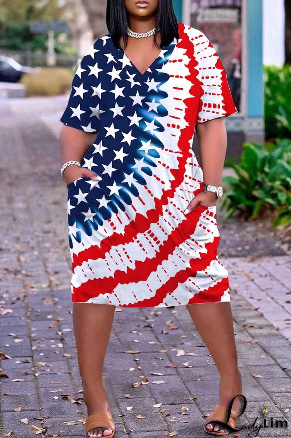 Light Brown Casual Work Print Patchwork V Neck Straight Dresses