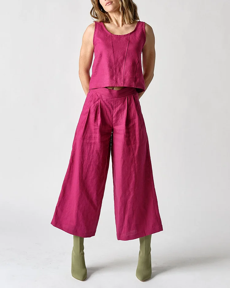 Dragon fruit color casual cotton and linen two-piece set