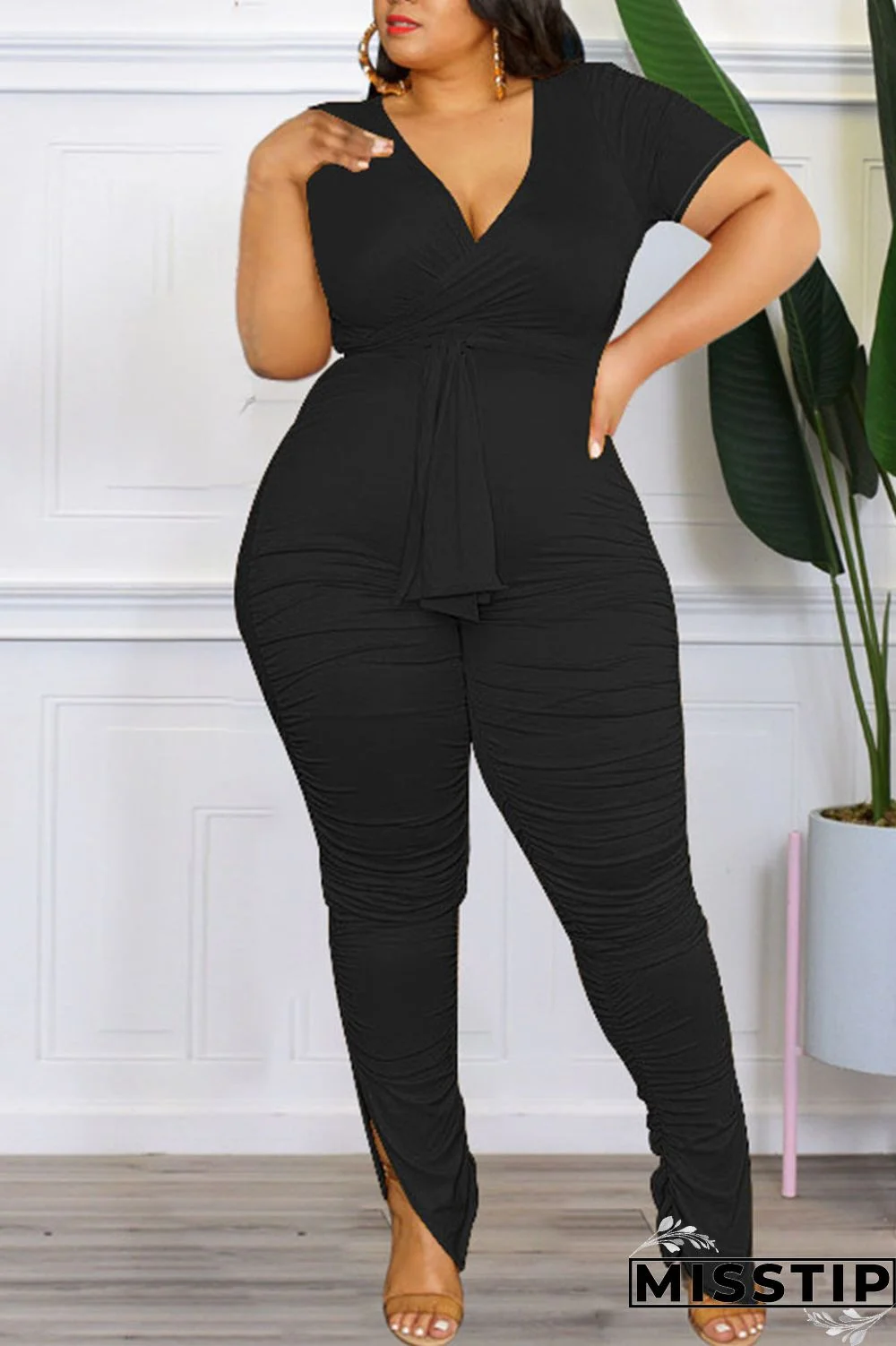 Colorful Blue Casual Solid Bandage Patchwork Fold V Neck Plus Size Two Pieces