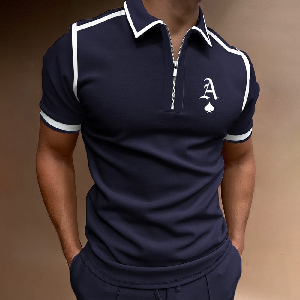 Men's Casual Ace Of Spades Print Color Matching Short Sleeve Zipper Polo Shirt、、URBENIE