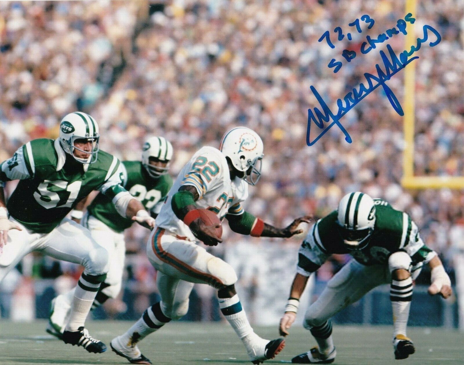 MERCURY MORRIS MIAMI DOLPHINS 72,73 CHAMPS SUPER BOWL ACTION SIGNED 8x10