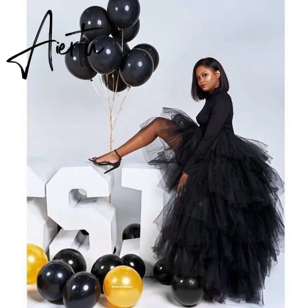 Chic Black Puffy Hi Low Tutu Party Skirt High Low Tulle Skirt Layered Women Long Skirt for Prom Custom Made Aiertu