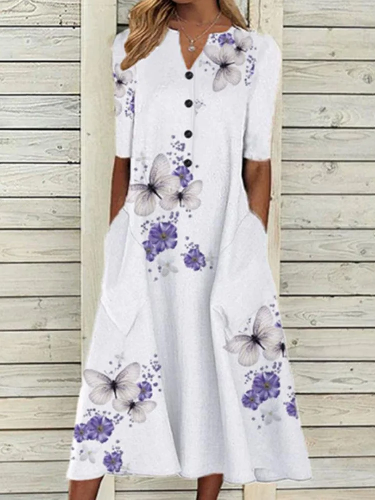 Printed V-Neck Loose Dress Midi Dress