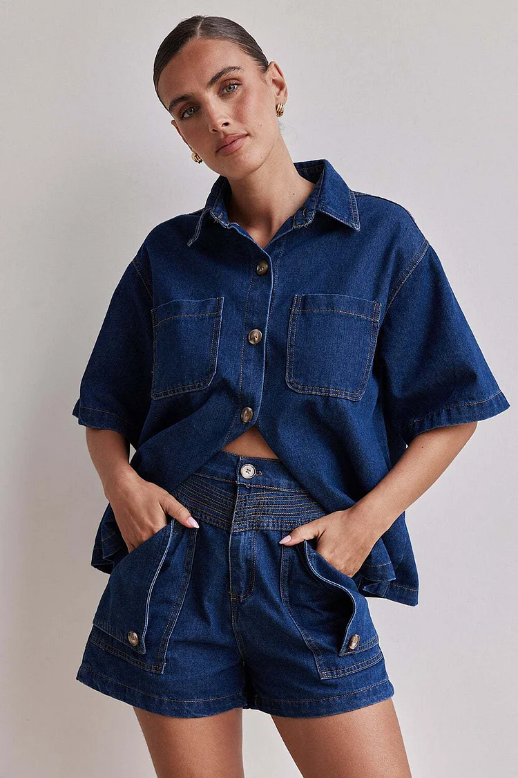 Denim Half Sleeve Pocket Blouse High Waist Shorts Casual 2pcs Set-Navy