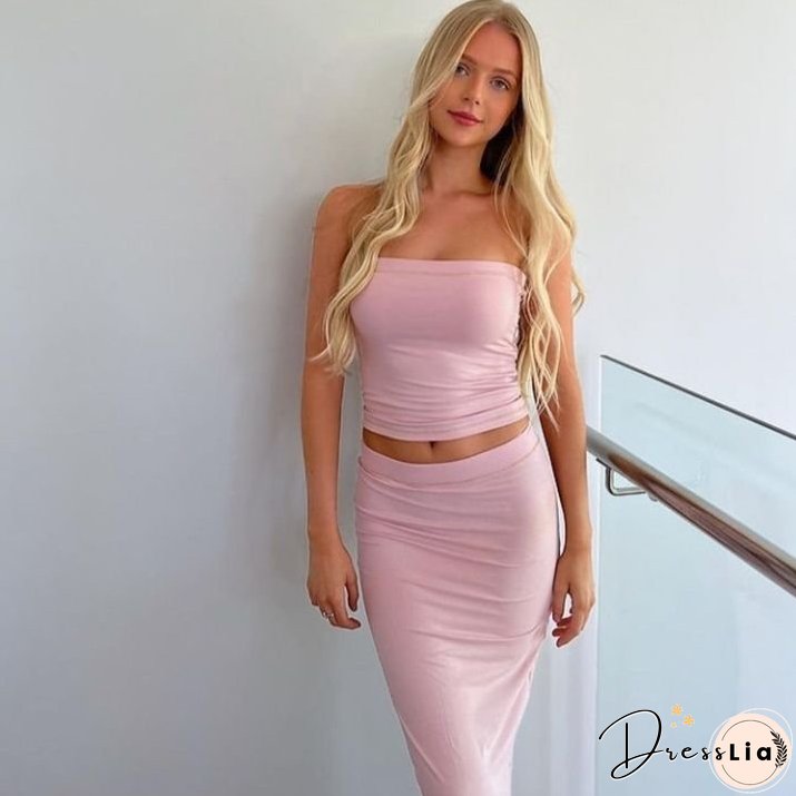 Summer Women Dress Set Strapless Crop Top And Midi Skirt Two Pieces One Suit Y2K Patchwork Beach Dress Outfit