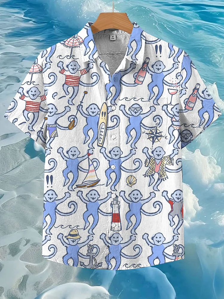Men's Fun Monkey Vacation Dancing Print Short Sleeve Shirt