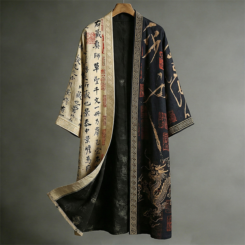 Retro Dragon And Calligraphy Pattern Casual Kimono  artssus