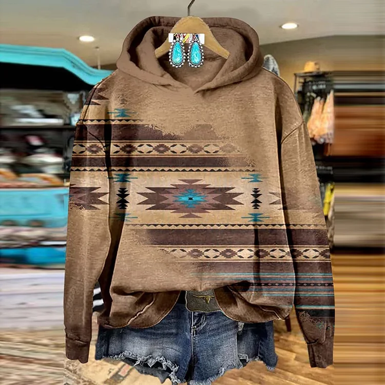 Utbros Retro Southwestern Geometric Print Slouchy Hoodie