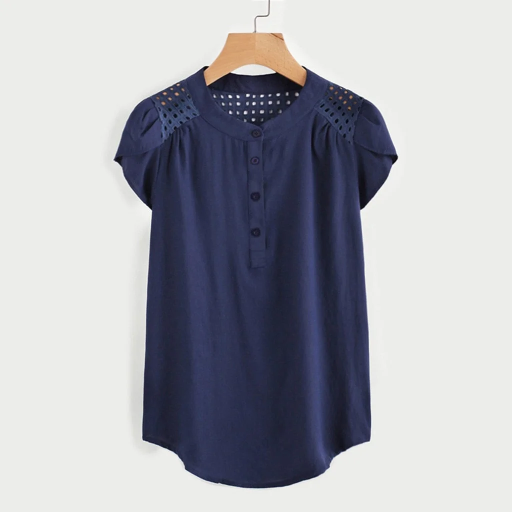 2020 Hot Women Blouse Tops Summer Hollow Top Casual Loose Short Sleeve Solid V-neck Chiffon Blouses Female Shirts Vest Blusa 921