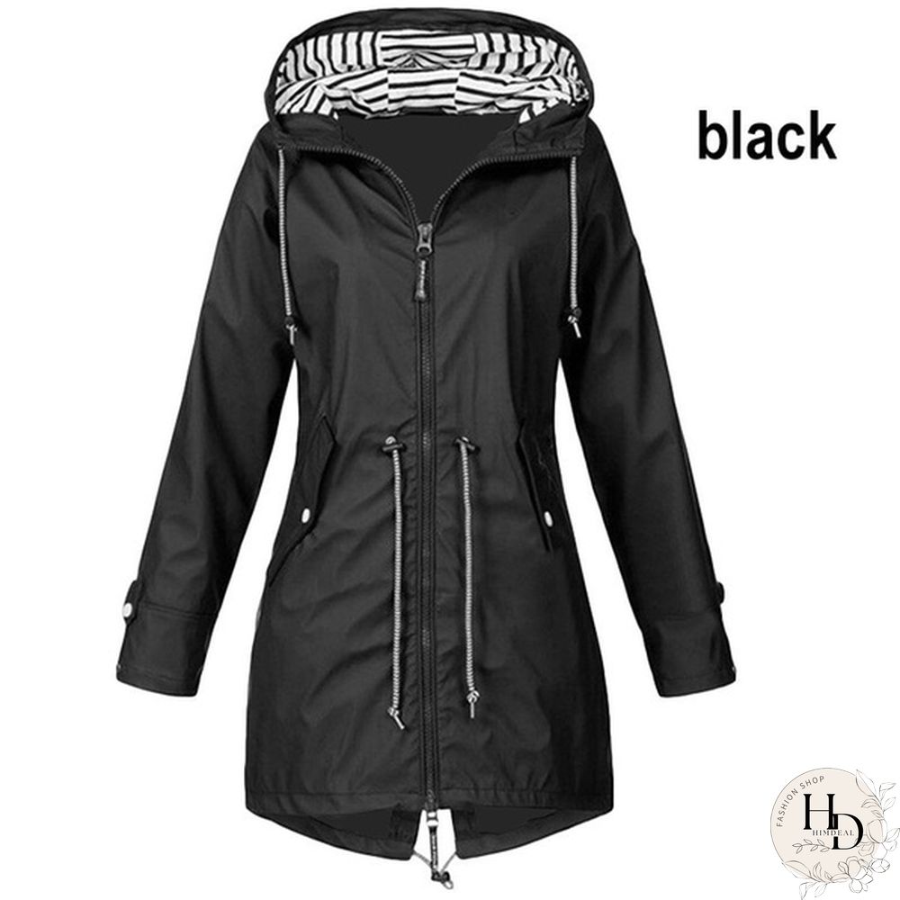 Women Waterproof Zipper Rain Jacket Solid Color Ladies Outdoor Mountaineering Lightweight Raincoats Plus Size S-5XL