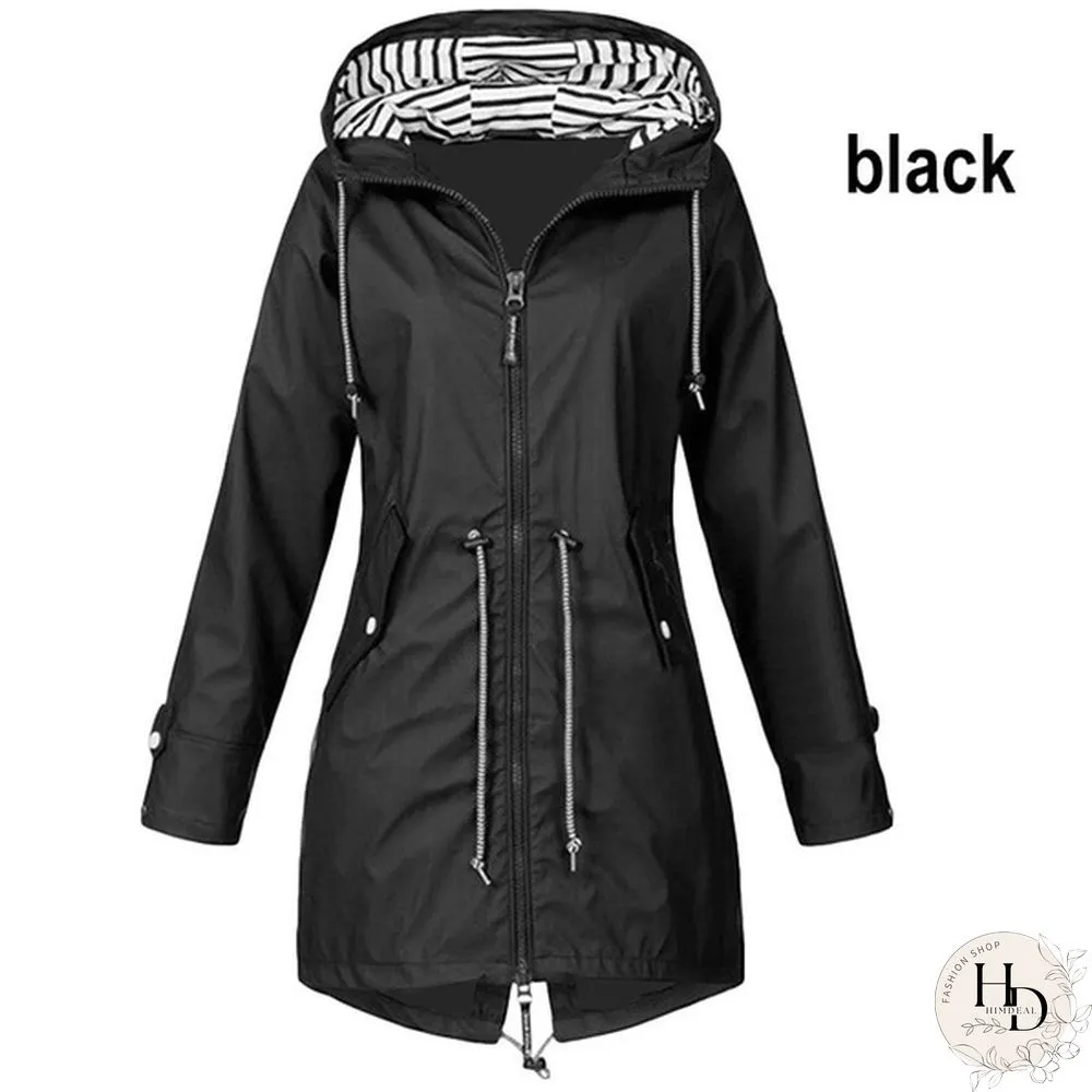 Women Waterproof Zipper Rain Jacket Solid Color Ladies Outdoor Mountaineering Lightweight Raincoats Plus Size S-5XL