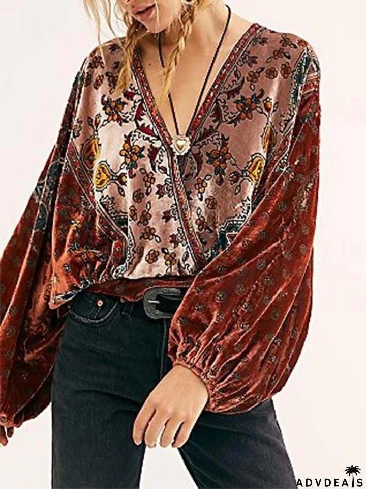 Women'S Round Neck Retro Velvet Loose Print Top