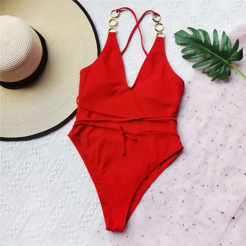 Peachtan Chain one piece swimsuit women V-neck swimwear female Solid monokini Lace up bodysuit Sexy bathing suit beach wear 2021