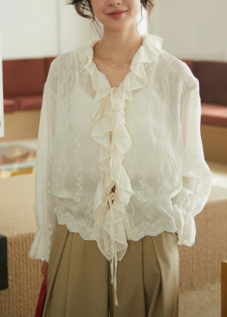 Simple Apricot Ruffled Lace Patchwork Embroidered Tie Waist Shirts Long Sleeve