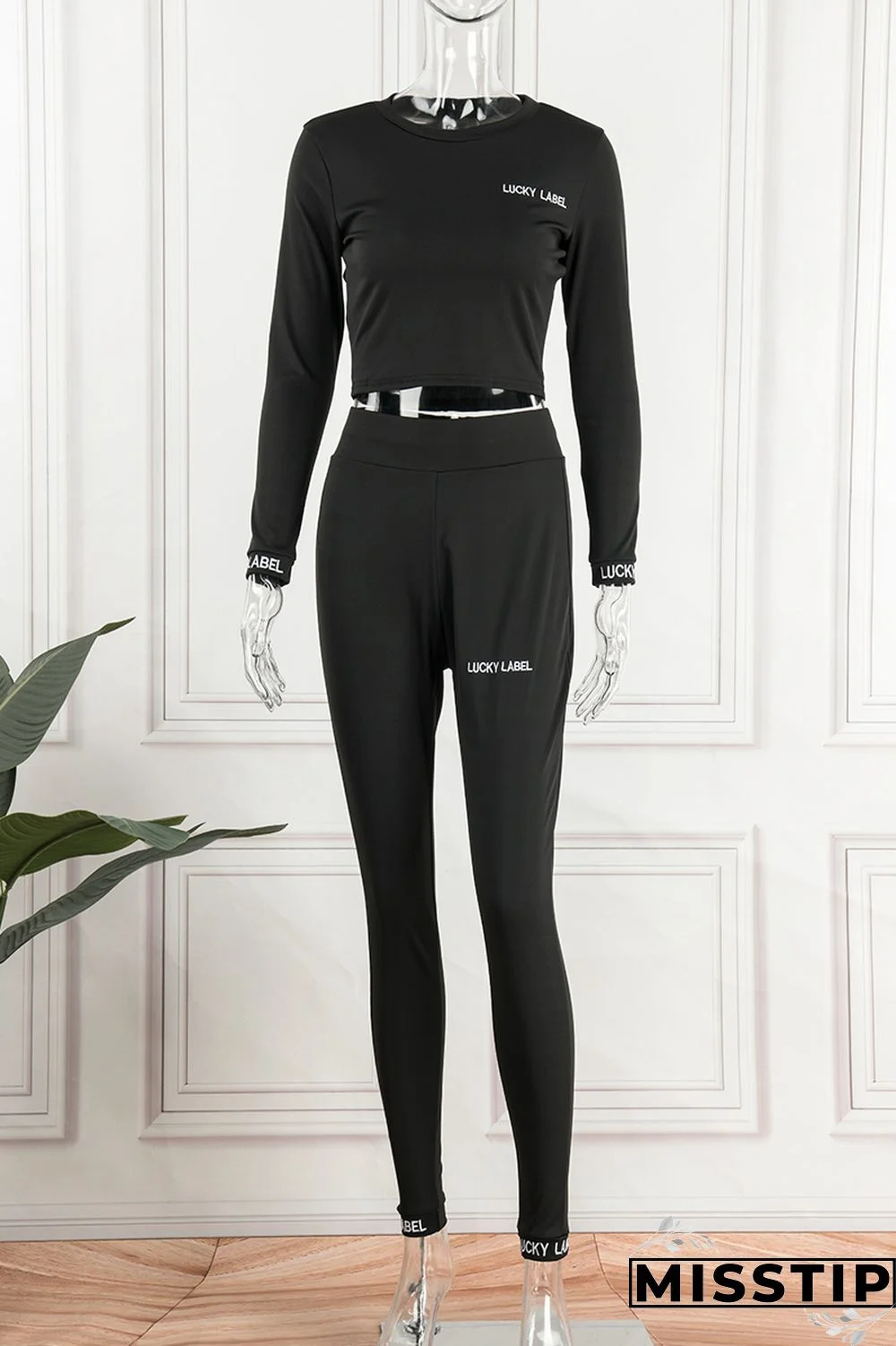 Black Casual Print Patchwork Letter O Neck Long Sleeve Two Pieces