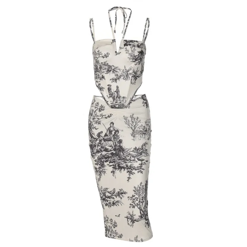 Uveng Uveng Vintage Style Slim Print Skirt Two-Piece Fashion Suit Girl
