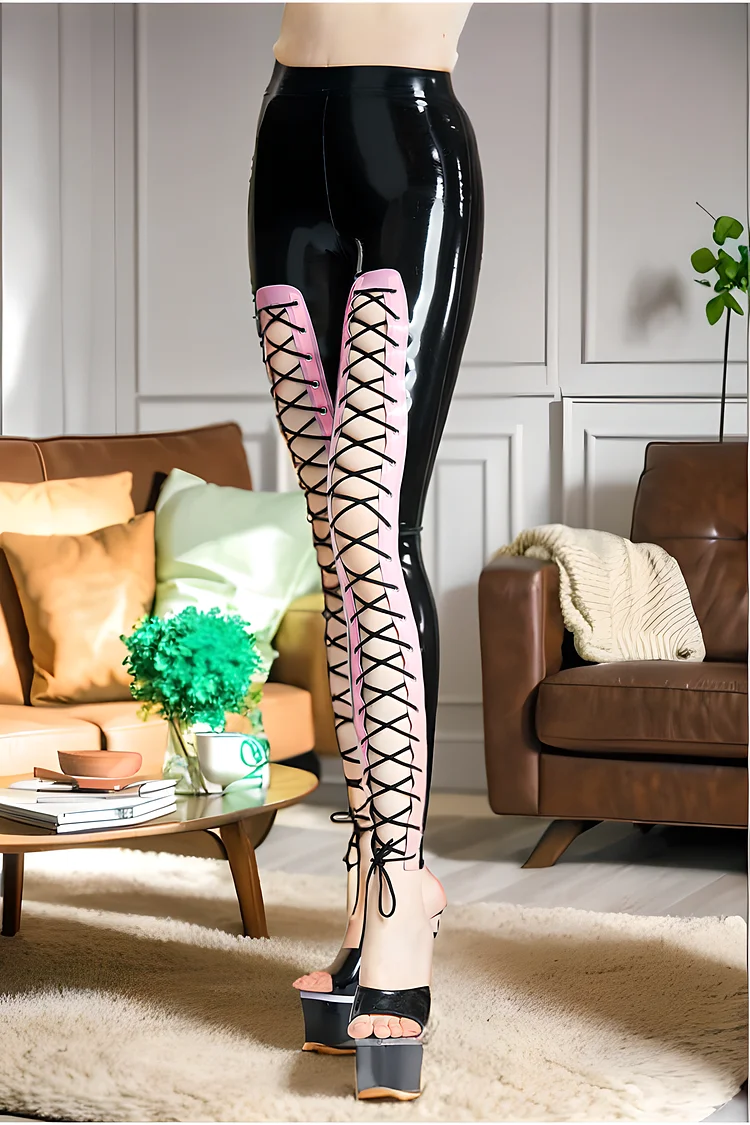 Women's Laced Latex Leggings - Black & Pink Two-Toned
