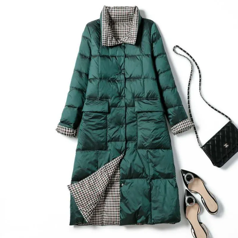 FTLZZ New Autumn Winter Women Double Sided Ultra Light Long Down Coat 90% White Duck Down Parkas Warm Snow Plaid Outwear